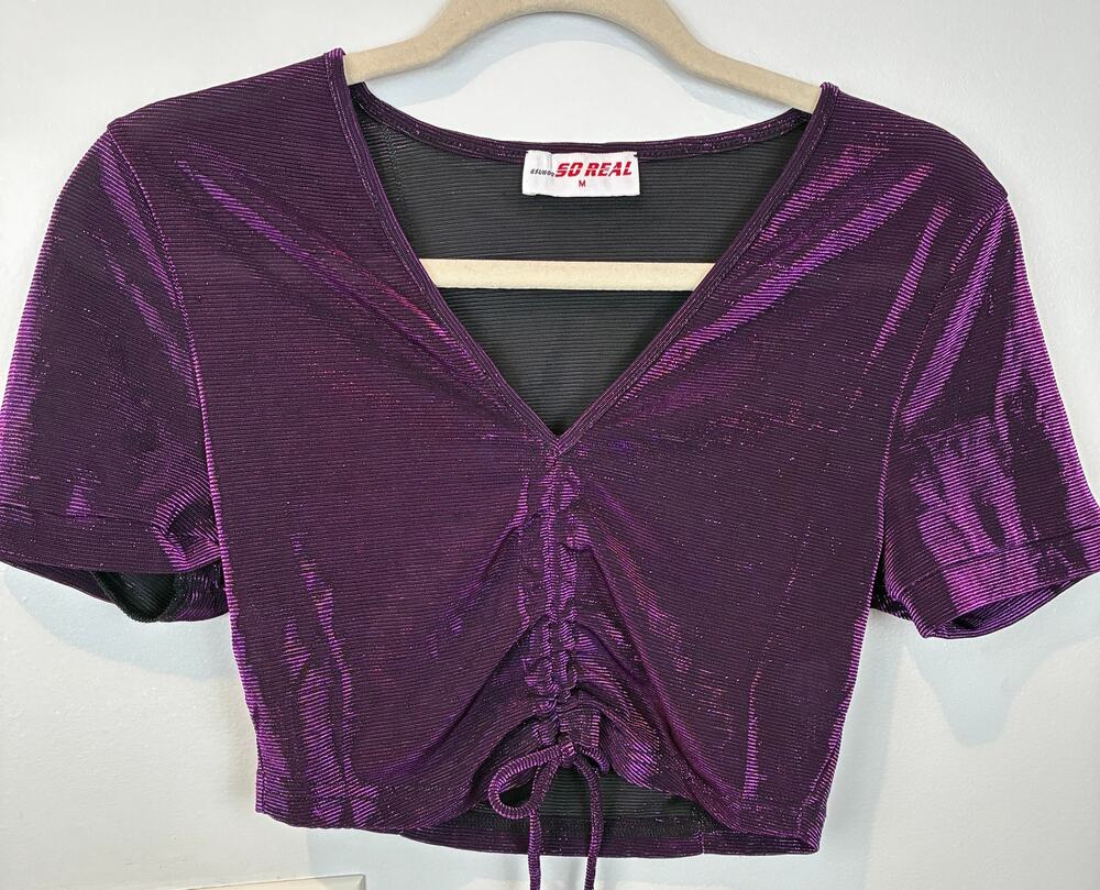 SO REAL GSUWOO Metallic Purple Glitter Ruched Tie Crop Top Size M Rave Clubwear